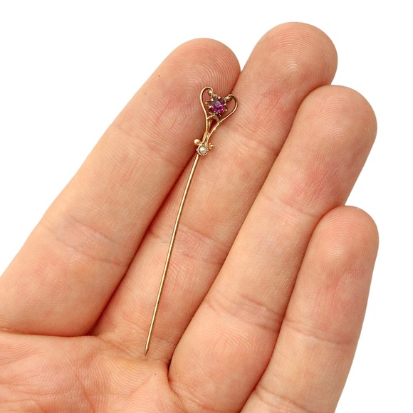 Antique 14K Gold Amethyst Paste & Seed Pearl Heart Stick Pin Circa Early 1900s - Picture 3 of 3